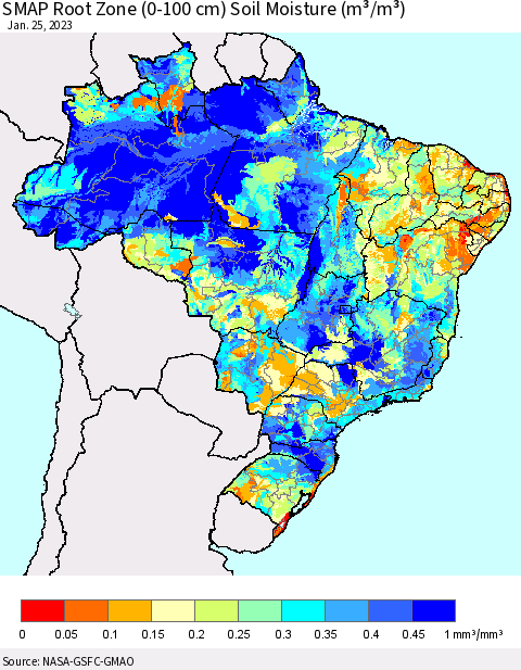 Brazil SMAP Root Zone (0-100 cm) Soil Moisture (m³/m³) Thematic Map For 1/21/2023 - 1/25/2023