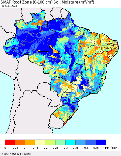 Brazil SMAP Root Zone (0-100 cm) Soil Moisture (m³/m³) Thematic Map For 1/26/2023 - 1/31/2023
