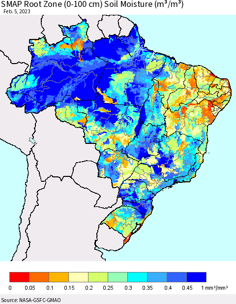 Brazil SMAP Root Zone (0-100 cm) Soil Moisture (m³/m³) Thematic Map For 2/1/2023 - 2/5/2023