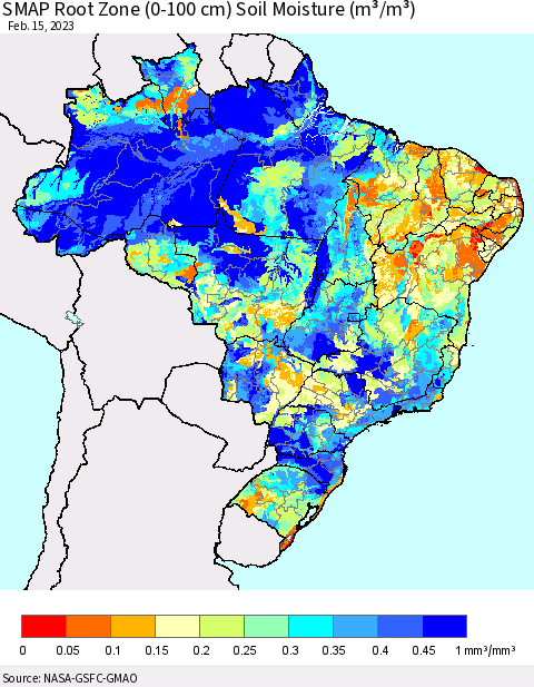 Brazil SMAP Root Zone (0-100 cm) Soil Moisture (m³/m³) Thematic Map For 2/11/2023 - 2/15/2023