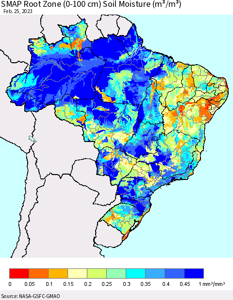 Brazil SMAP Root Zone (0-100 cm) Soil Moisture (m³/m³) Thematic Map For 2/21/2023 - 2/25/2023