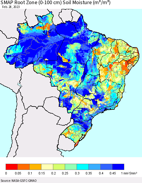 Brazil SMAP Root Zone (0-100 cm) Soil Moisture (m³/m³) Thematic Map For 2/26/2023 - 2/28/2023