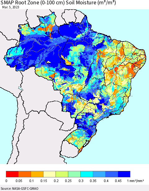Brazil SMAP Root Zone (0-100 cm) Soil Moisture (m³/m³) Thematic Map For 3/1/2023 - 3/5/2023