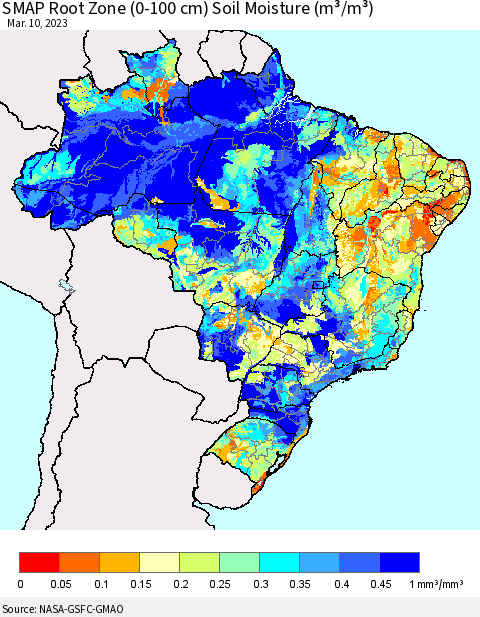 Brazil SMAP Root Zone (0-100 cm) Soil Moisture (m³/m³) Thematic Map For 3/6/2023 - 3/10/2023