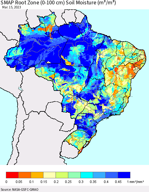 Brazil SMAP Root Zone (0-100 cm) Soil Moisture (m³/m³) Thematic Map For 3/11/2023 - 3/15/2023