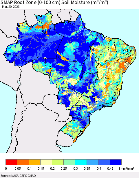 Brazil SMAP Root Zone (0-100 cm) Soil Moisture (m³/m³) Thematic Map For 3/16/2023 - 3/20/2023