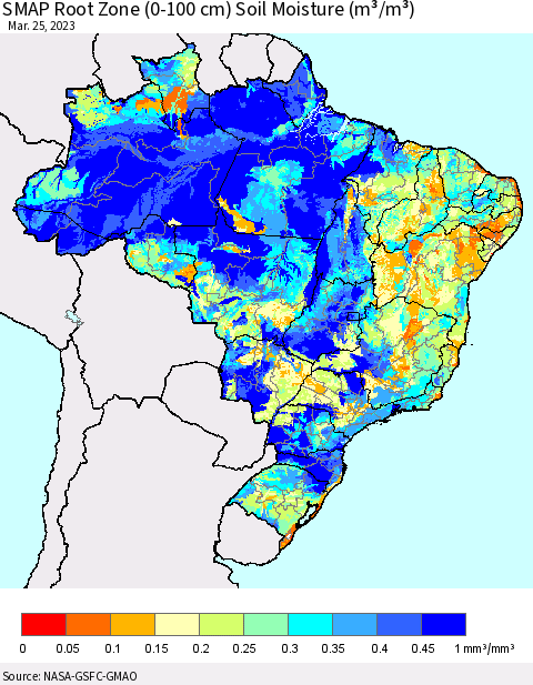 Brazil SMAP Root Zone (0-100 cm) Soil Moisture (m³/m³) Thematic Map For 3/21/2023 - 3/25/2023