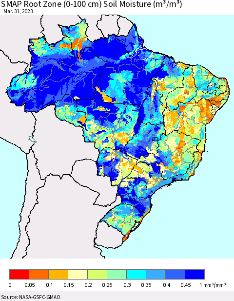 Brazil SMAP Root Zone (0-100 cm) Soil Moisture (m³/m³) Thematic Map For 3/26/2023 - 3/31/2023