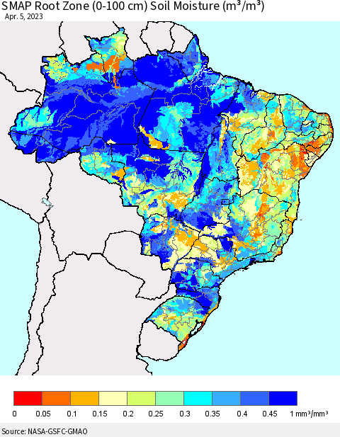 Brazil SMAP Root Zone (0-100 cm) Soil Moisture (m³/m³) Thematic Map For 4/1/2023 - 4/5/2023