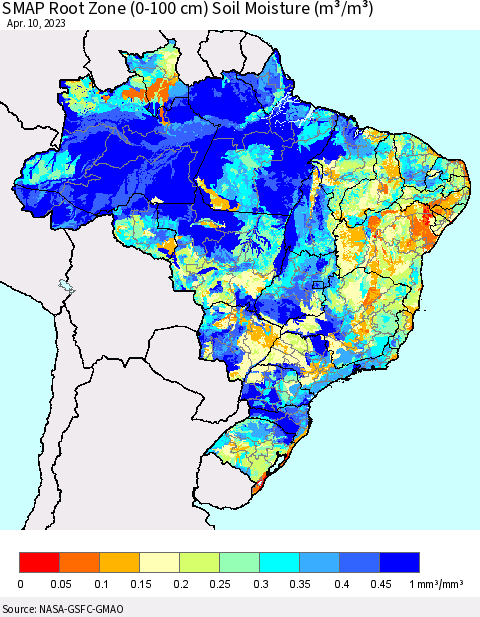 Brazil SMAP Root Zone (0-100 cm) Soil Moisture (m³/m³) Thematic Map For 4/6/2023 - 4/10/2023