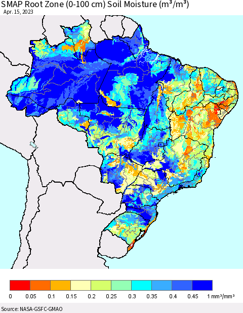 Brazil SMAP Root Zone (0-100 cm) Soil Moisture (m³/m³) Thematic Map For 4/11/2023 - 4/15/2023