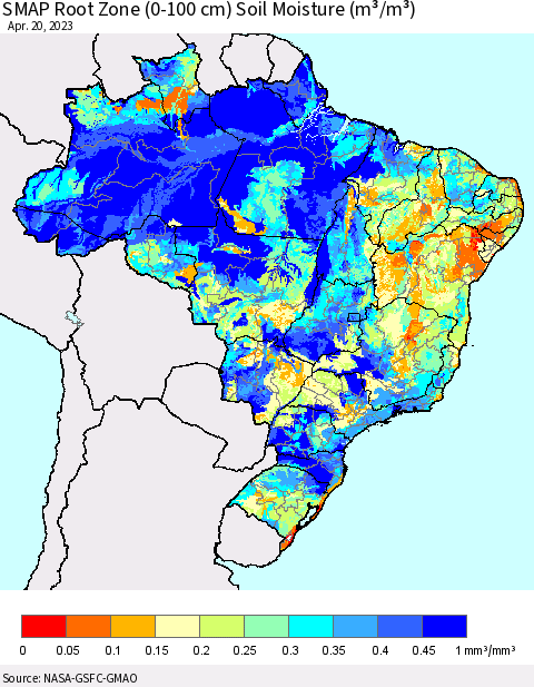 Brazil SMAP Root Zone (0-100 cm) Soil Moisture (m³/m³) Thematic Map For 4/16/2023 - 4/20/2023