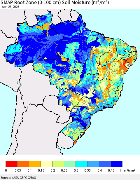 Brazil SMAP Root Zone (0-100 cm) Soil Moisture (m³/m³) Thematic Map For 4/21/2023 - 4/25/2023