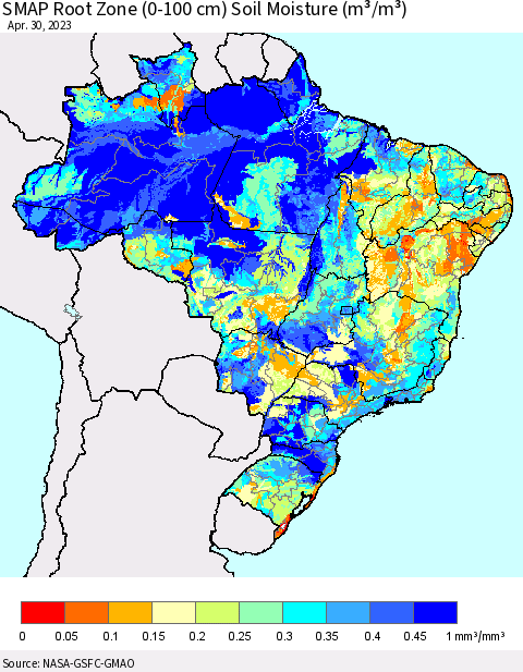 Brazil SMAP Root Zone (0-100 cm) Soil Moisture (m³/m³) Thematic Map For 4/26/2023 - 4/30/2023