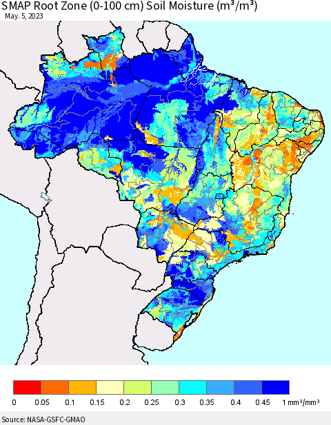 Brazil SMAP Root Zone (0-100 cm) Soil Moisture (m³/m³) Thematic Map For 5/1/2023 - 5/5/2023