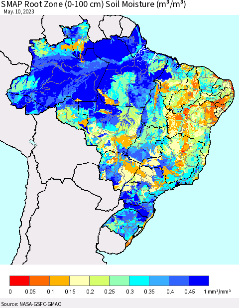 Brazil SMAP Root Zone (0-100 cm) Soil Moisture (m³/m³) Thematic Map For 5/6/2023 - 5/10/2023