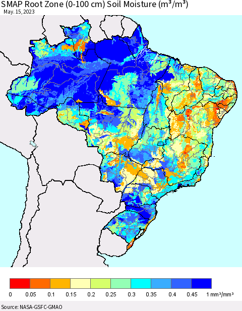 Brazil SMAP Root Zone (0-100 cm) Soil Moisture (m³/m³) Thematic Map For 5/11/2023 - 5/15/2023