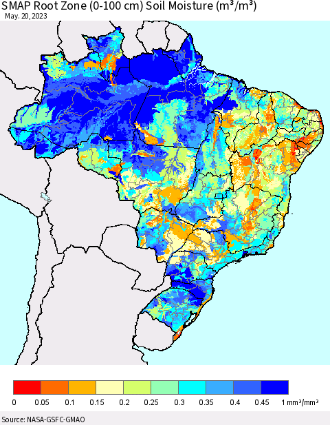 Brazil SMAP Root Zone (0-100 cm) Soil Moisture (m³/m³) Thematic Map For 5/16/2023 - 5/20/2023