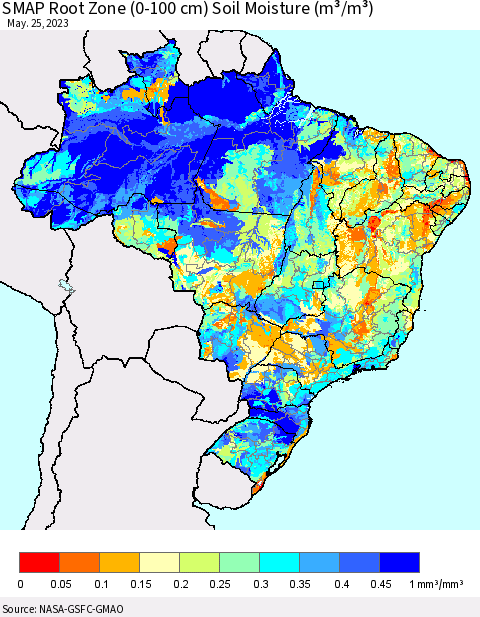 Brazil SMAP Root Zone (0-100 cm) Soil Moisture (m³/m³) Thematic Map For 5/21/2023 - 5/25/2023