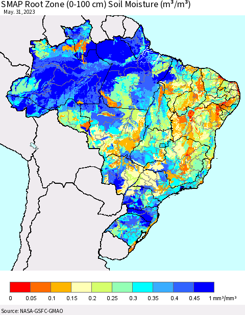 Brazil SMAP Root Zone (0-100 cm) Soil Moisture (m³/m³) Thematic Map For 5/26/2023 - 5/31/2023