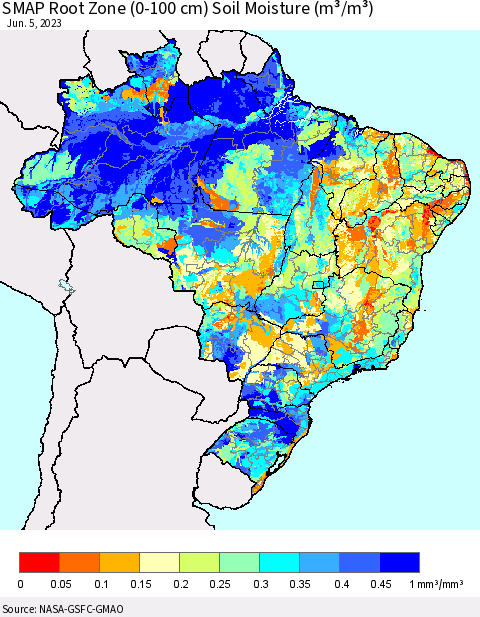 Brazil SMAP Root Zone (0-100 cm) Soil Moisture (m³/m³) Thematic Map For 6/1/2023 - 6/5/2023