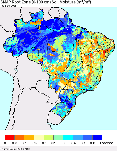 Brazil SMAP Root Zone (0-100 cm) Soil Moisture (m³/m³) Thematic Map For 6/6/2023 - 6/10/2023