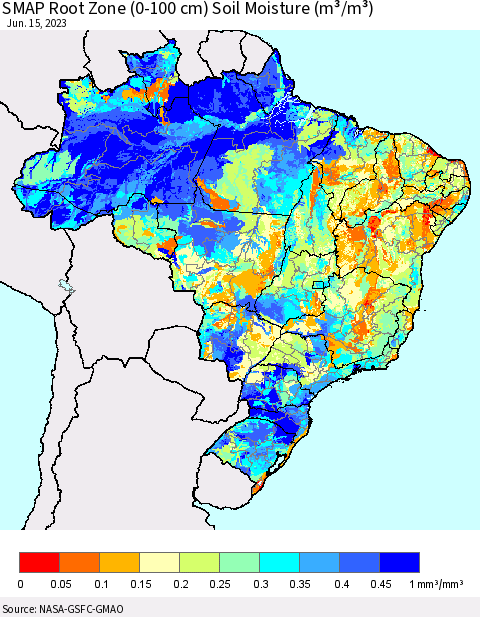 Brazil SMAP Root Zone (0-100 cm) Soil Moisture (m³/m³) Thematic Map For 6/11/2023 - 6/15/2023