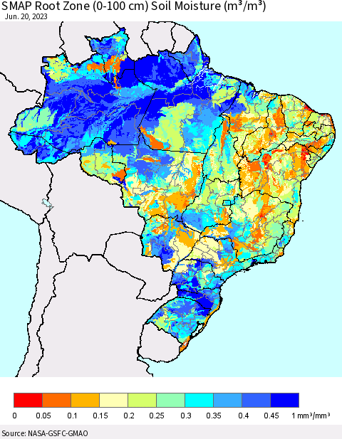 Brazil SMAP Root Zone (0-100 cm) Soil Moisture (m³/m³) Thematic Map For 6/16/2023 - 6/20/2023