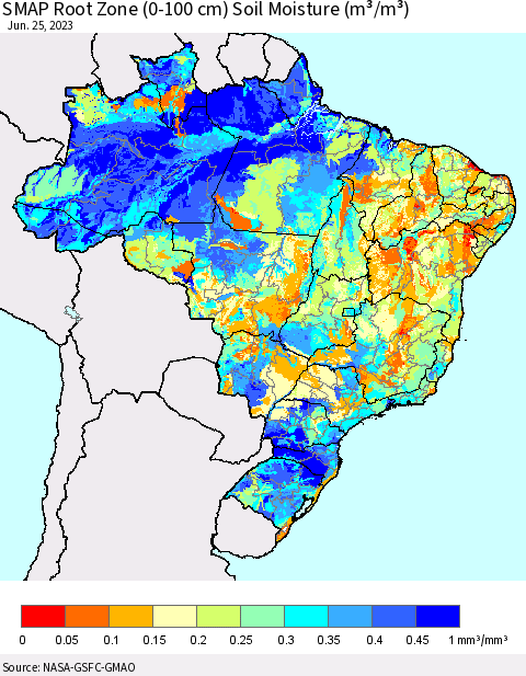 Brazil SMAP Root Zone (0-100 cm) Soil Moisture (m³/m³) Thematic Map For 6/21/2023 - 6/25/2023