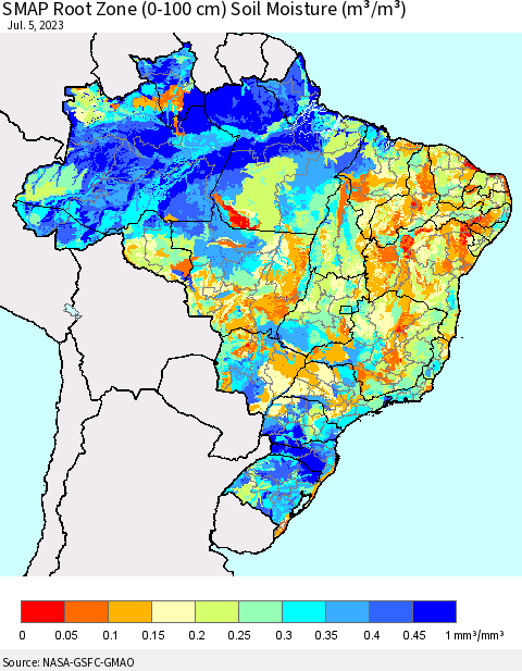 Brazil SMAP Root Zone (0-100 cm) Soil Moisture (m³/m³) Thematic Map For 7/1/2023 - 7/5/2023