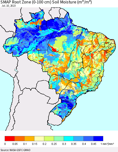 Brazil SMAP Root Zone (0-100 cm) Soil Moisture (m³/m³) Thematic Map For 7/6/2023 - 7/10/2023
