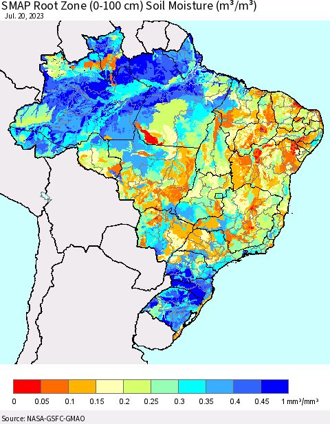 Brazil SMAP Root Zone (0-100 cm) Soil Moisture (m³/m³) Thematic Map For 7/16/2023 - 7/20/2023