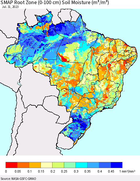 Brazil SMAP Root Zone (0-100 cm) Soil Moisture (m³/m³) Thematic Map For 7/26/2023 - 7/31/2023