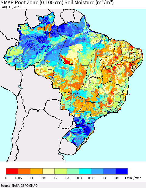 Brazil SMAP Root Zone (0-100 cm) Soil Moisture (m³/m³) Thematic Map For 8/6/2023 - 8/10/2023
