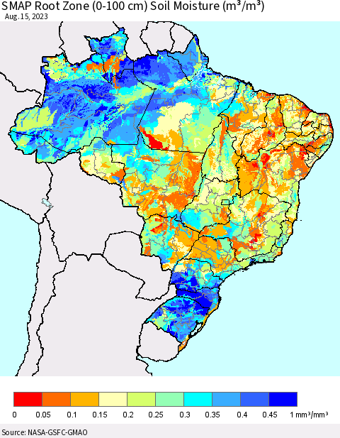 Brazil SMAP Root Zone (0-100 cm) Soil Moisture (m³/m³) Thematic Map For 8/11/2023 - 8/15/2023