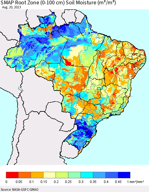 Brazil SMAP Root Zone (0-100 cm) Soil Moisture (m³/m³) Thematic Map For 8/16/2023 - 8/20/2023