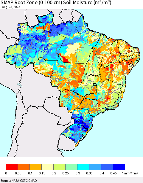 Brazil SMAP Root Zone (0-100 cm) Soil Moisture (m³/m³) Thematic Map For 8/21/2023 - 8/25/2023