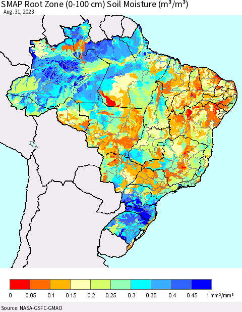 Brazil SMAP Root Zone (0-100 cm) Soil Moisture (m³/m³) Thematic Map For 8/26/2023 - 8/31/2023