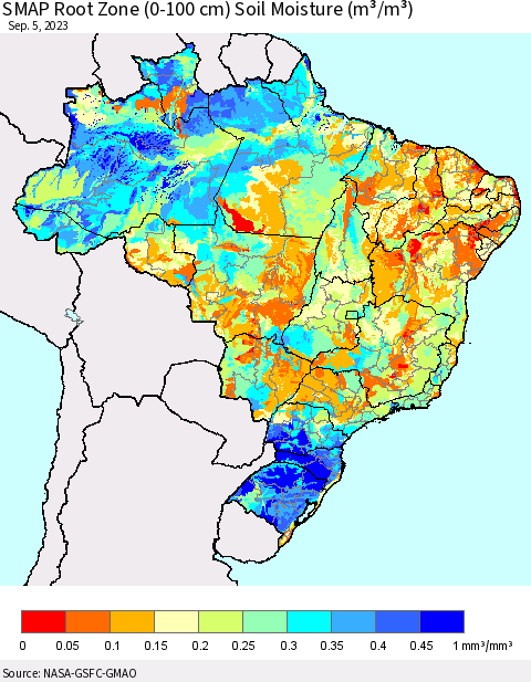 Brazil SMAP Root Zone (0-100 cm) Soil Moisture (m³/m³) Thematic Map For 9/1/2023 - 9/5/2023