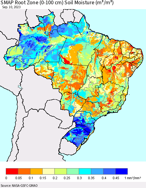 Brazil SMAP Root Zone (0-100 cm) Soil Moisture (m³/m³) Thematic Map For 9/6/2023 - 9/10/2023