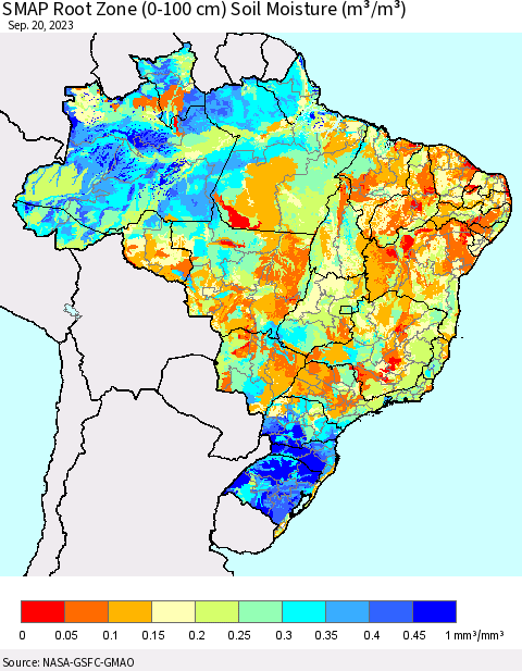 Brazil SMAP Root Zone (0-100 cm) Soil Moisture (m³/m³) Thematic Map For 9/16/2023 - 9/20/2023