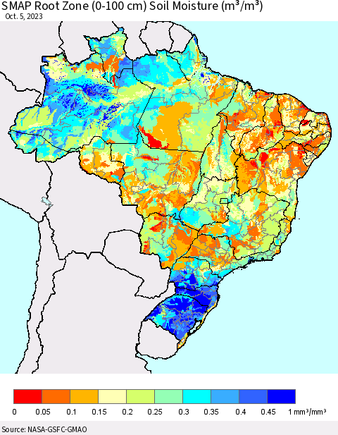 Brazil SMAP Root Zone (0-100 cm) Soil Moisture (m³/m³) Thematic Map For 10/1/2023 - 10/5/2023