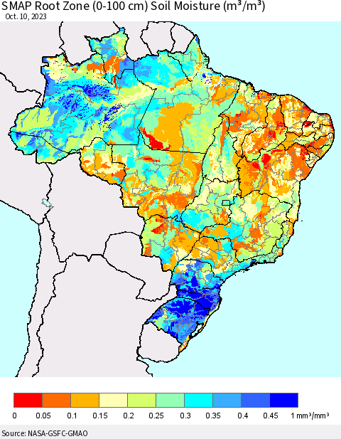 Brazil SMAP Root Zone (0-100 cm) Soil Moisture (m³/m³) Thematic Map For 10/6/2023 - 10/10/2023