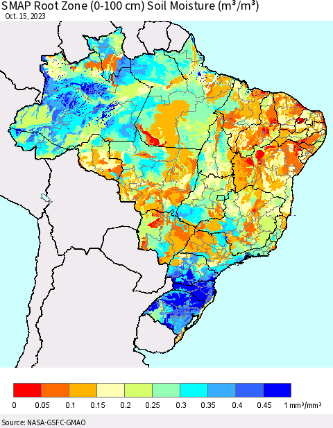 Brazil SMAP Root Zone (0-100 cm) Soil Moisture (m³/m³) Thematic Map For 10/11/2023 - 10/15/2023