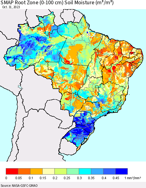 Brazil SMAP Root Zone (0-100 cm) Soil Moisture (m³/m³) Thematic Map For 10/26/2023 - 10/31/2023