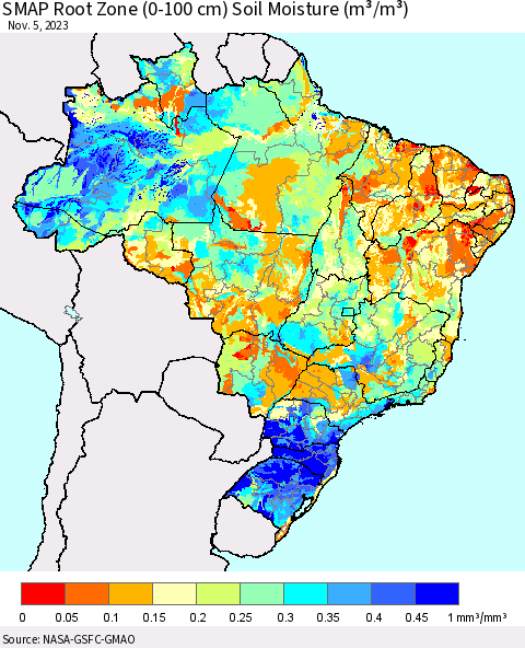 Brazil SMAP Root Zone (0-100 cm) Soil Moisture (m³/m³) Thematic Map For 11/1/2023 - 11/5/2023