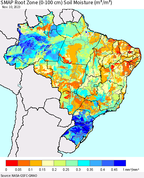 Brazil SMAP Root Zone (0-100 cm) Soil Moisture (m³/m³) Thematic Map For 11/6/2023 - 11/10/2023