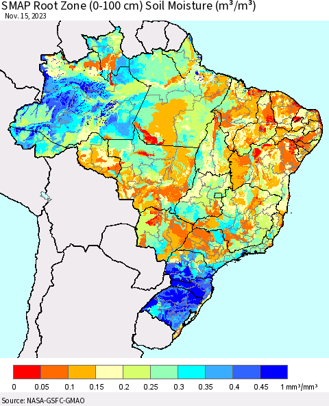 Brazil SMAP Root Zone (0-100 cm) Soil Moisture (m³/m³) Thematic Map For 11/11/2023 - 11/15/2023