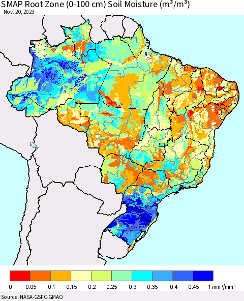 Brazil SMAP Root Zone (0-100 cm) Soil Moisture (m³/m³) Thematic Map For 11/16/2023 - 11/20/2023