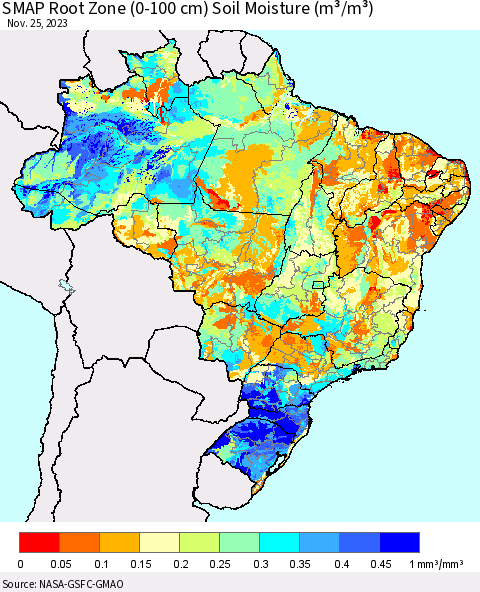 Brazil SMAP Root Zone (0-100 cm) Soil Moisture (m³/m³) Thematic Map For 11/21/2023 - 11/25/2023